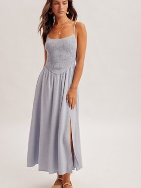 Hem & Thread Light Blue Smocked Maxi Dress with Side Slit